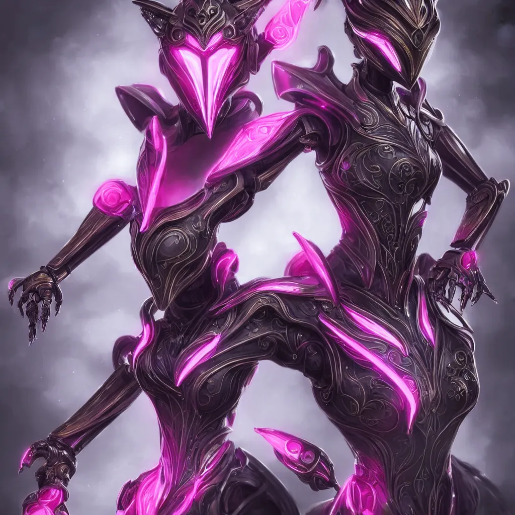 Image similar to highly detailed exquisite fanart, of a beautiful female warframe, but as an anthropomorphic robot female dragon, glowing eyes and robot dragon head, off-white plated armor, bright Fuchsia skin, royal elegant pose, close-up bust shot torso up, epic cinematic shot, realistic, professional digital art, high end digital art, sci fi, DeviantArt, artstation, Furaffinity, 8k HD render, epic lighting, depth of field