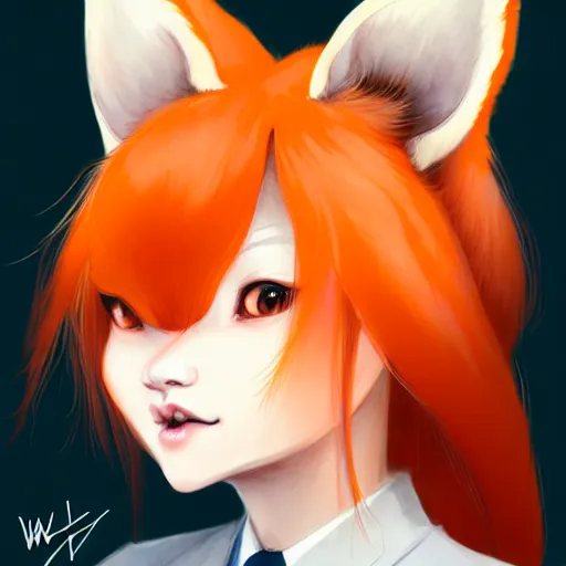 Image similar to character design portrait of a beatiful chinese anthropomorphic furry fox woman with fox ears, long orange hair, wearing a suits, looking at the camera, 4 k, concept art, by wlop, wenjun lin, watercolor, ilya kuvshinov, artgerm, krenz cushart, pixiv.