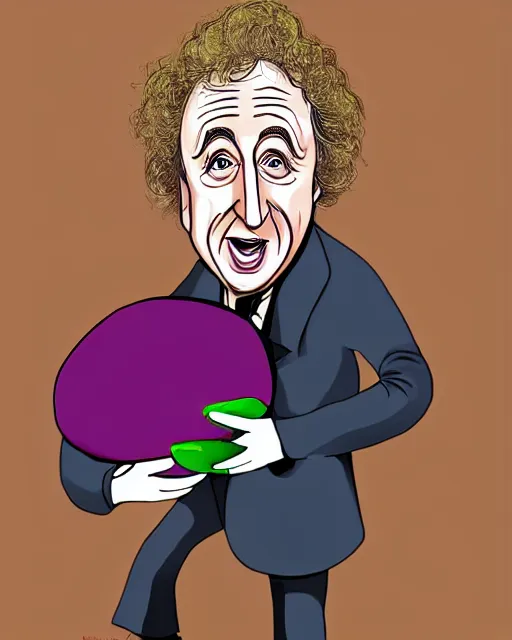 Image similar to gene wilder as the eggplant man, holding an eggplant, digital art