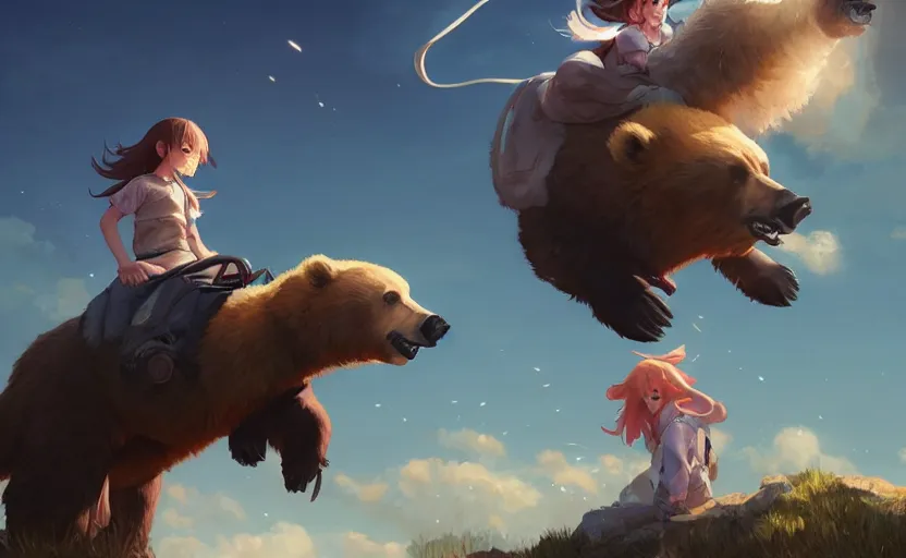 Image similar to a girl riding a grizzly bear, full shot, atmospheric lighting, detailed faces, by makoto shinkai, stanley artgerm lau, wlop, rossdraws