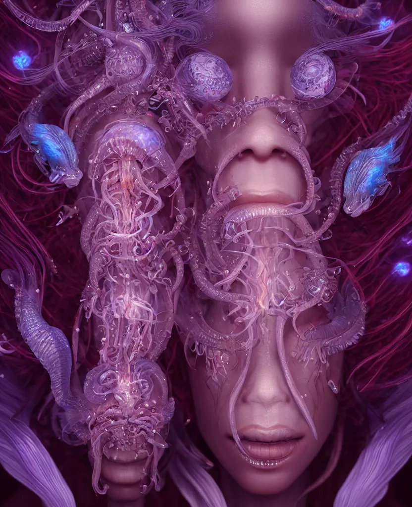 Image similar to goddess close-up face portrait. chimera orchid jellyfish phoenix head, nautilus, skull, betta fish, bioluminiscent creatures, intricate artwork by Tooth Wu and wlop and beeple. octane render, trending on artstation, greg rutkowski very coherent symmetrical artwork. cinematic, hyper realism, high detail, octane render, 8k