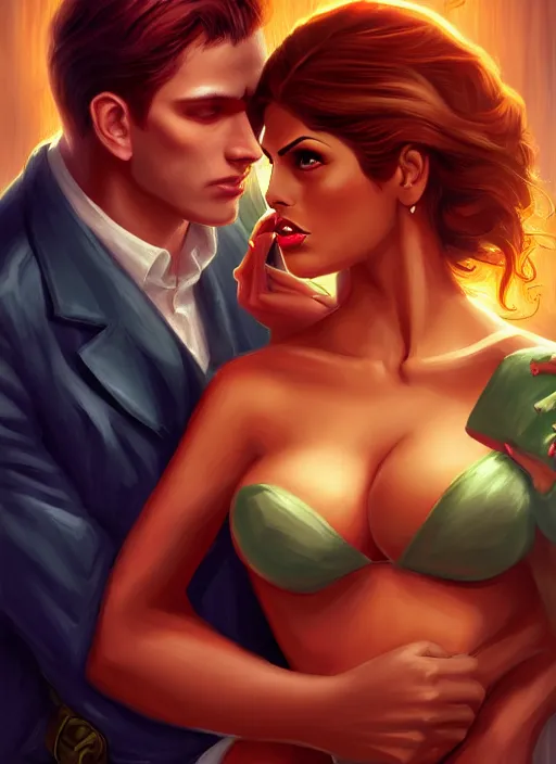 Image similar to mills and boon romance novel cover with cthulhu and eva mendes, they are in love, digital painting, artstation, concept art, smooth, sharp focus, warm lighting,