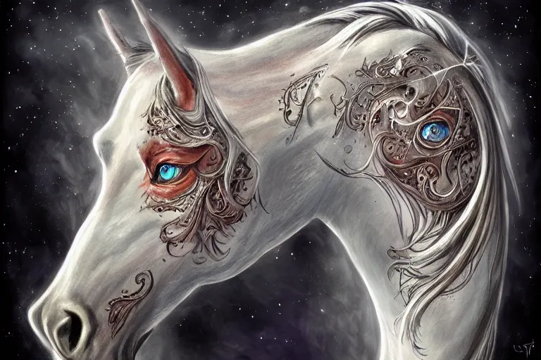 Image similar to a wlop 3 d render of very very very very highly detailed beautiful mystic portrait of a phantom undead horse with whirling galaxy around, tattoos by anton pieck, intricate, extremely detailed, digital painting, artstation, concept art, smooth, sharp focus, illustration, intimidating lighting, incredible art,