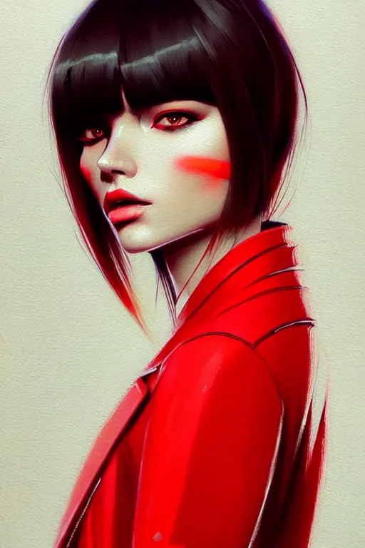 Image similar to a ultradetailed beautiful painting of a stylish woman with bangs in a red jacket, by greg rutkowski, conrad roset and ilya kuvshinov trending on artstation