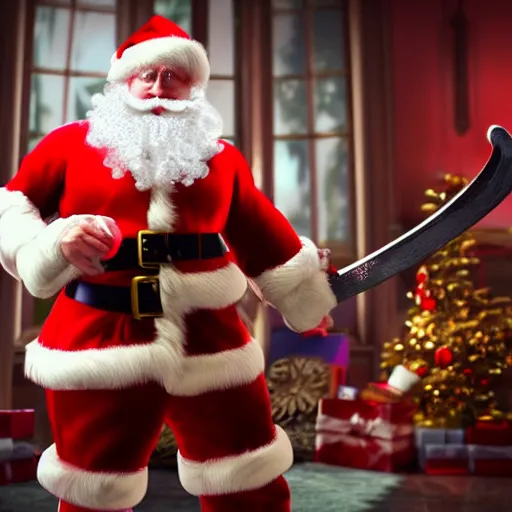 Image similar to high quality photo of santa claus with a candy cane sword, movie still, cinematic, 8 k, unreal engine, 3 d render
