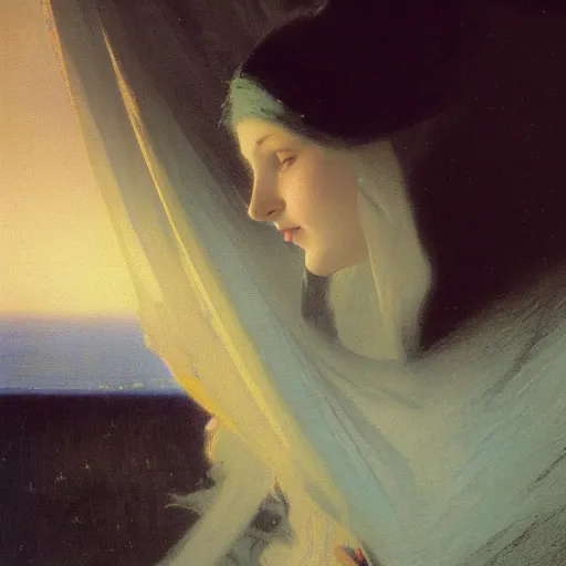 Prompt: a young woman's face, her hair is white and she wears an indigo blue satin cloak, by ivan aivazovsky and syd mead and moebius and gaston bussiere and roger dean and pieter claesz and paul delaroche and alma tadema and aelbert cuyp and balthasar ast, hyperrealistic, volumetric light, octane render