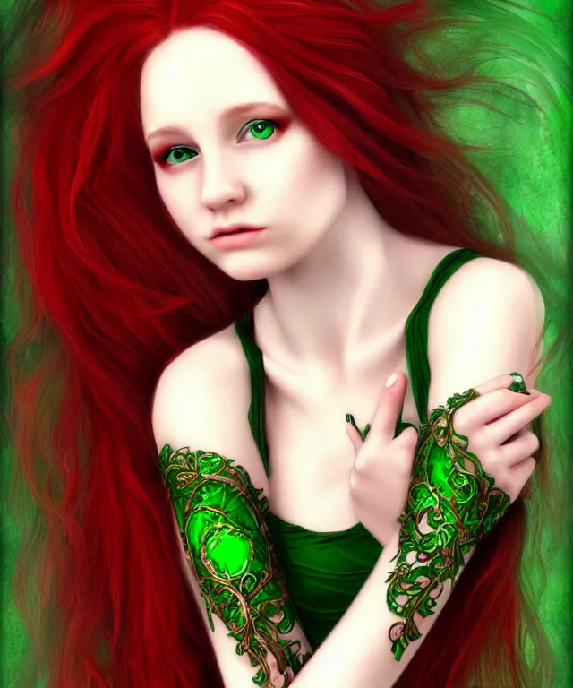 Image similar to Fae teenage girl, portrait, face, long red hair, green highlights, fantasy, intricate, elegant, highly detailed