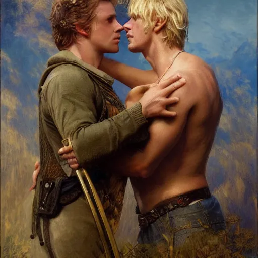 Image similar to attractive male, arthur pendragon who has blond hair confesses his love to attractive male, merlin who has dark hair. highly detailed painting by gaston bussiere, craig mullins, j. c. leyendecker 8 k