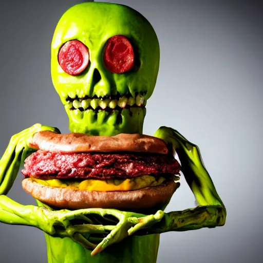 Image similar to a humanoid bipedal upright zombie that strongly resembles a hamburger, professional food photography