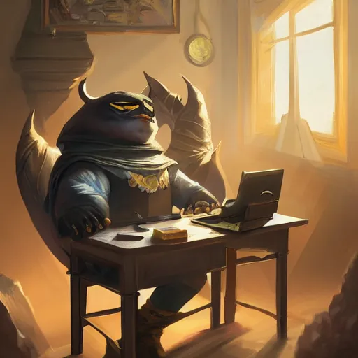 Image similar to a insanely detailed painting of a fat masked superhero wearing a costume sitting at a desk, staring at the nervously at the computer and clicking on the mouse, in the style of peter mohrbacher, dramatic lighting and composition, trending on artstation, concept art, comic book