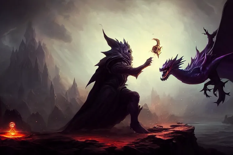 Image similar to amazing portrait of a dark wizard with a magic wand summoning a baby dragon in the style of league of legends splash art, deiv calviz, splash art, natural light, elegant, intricate details, fantasy, atmospheric lighting, by greg rutkowski, league of legends splash art, hd wallpaper, ultra high details