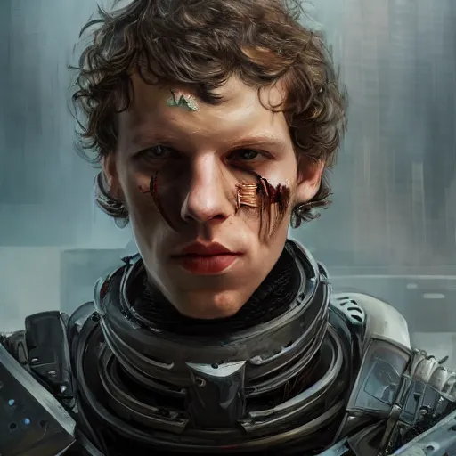 Image similar to jesse eisenberg portrait, dystopia core, apocalyptic, armor, warrior, dramatic, sharp focus, fiction, neon, fantasy, hyper detailed, digital art, trending in artstation, cinematic lighting, studio quality, smooth render, unreal engine 5 rendered, octane rendered, art style and nixeu and wlop and krenz cushart