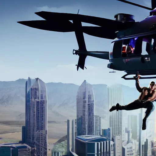 Image similar to film still of futuristic movie. Scene with a cyborg man hanging on a helicopter. Sigma 85mm f/1.2