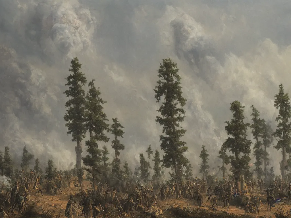 Image similar to Two armies amid the smoke. Comet afar. Cypresses. Painting by Ucello