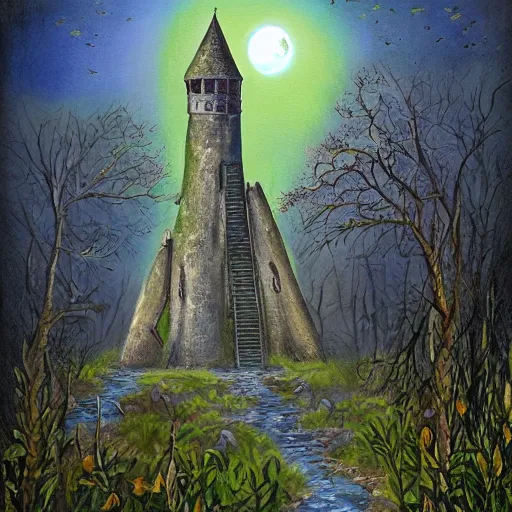 Prompt: Painting of the abandoned wizard\'s tower in the overgrown garden. Fantasy art.