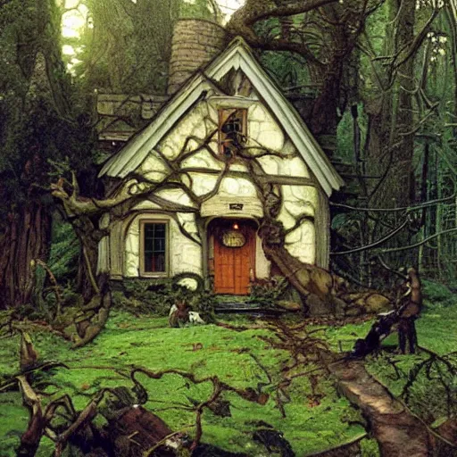 Image similar to witch cottage in the forest, art by norman rockwell and donato giancola and greg rutkowski