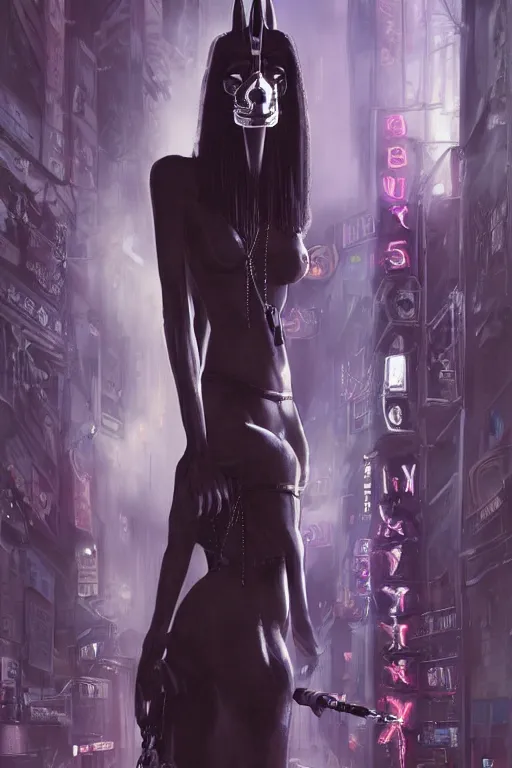 Prompt: beautiful portrait of a tall female anthro anubis smoking a cigarette in a bustling crowd of a rainy city street, goth punk clothes, cyberpunk, harsh neon lights, highly detailed, sharp focus, digital painting, illustration, trending on artstation, art by sakimichan, wlop, greg rutkowski