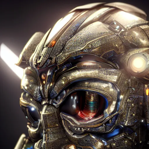 Prompt: Ultra-detailed cinematic render of a macro mecha cyborg face, cyborg eyes, metalic reflection, intricate details, full body, unreal engine, dragon armor, intricate, octane render, high quality, ornate gems, 8k, by takeshi yoshida, volumetric lighting, person centered composition, trending on art station