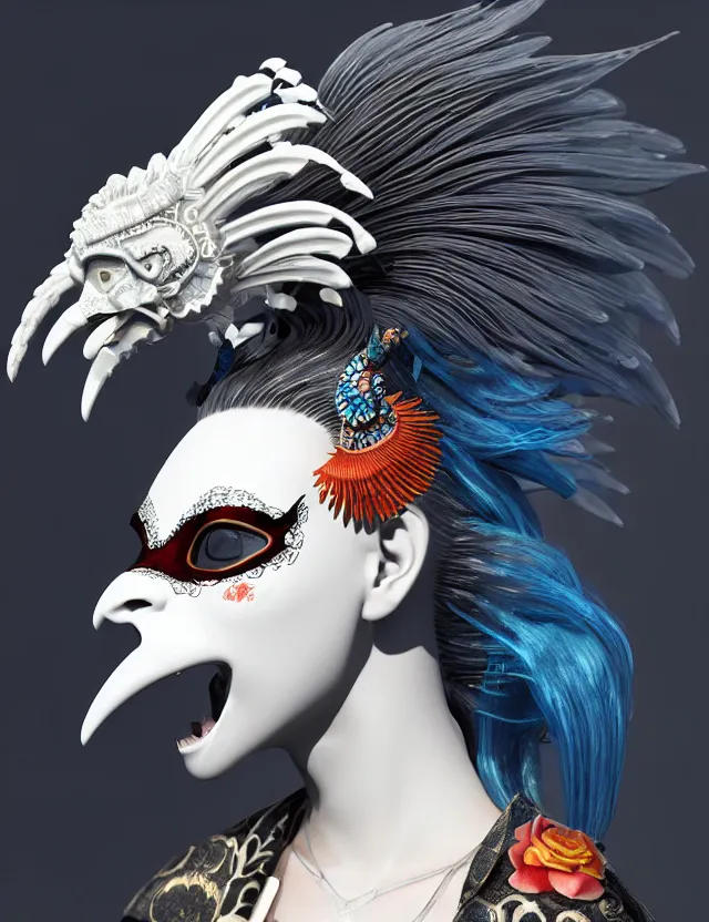 Image similar to 3 d goddess close - up profile simple portrait punk with mohawk with ram skull. beautiful intricately detailed japanese crow kitsune mask and clasical japanese kimono. betta fish, jellyfish phoenix, bio luminescent, plasma, ice, water, wind, creature, artwork by tooth wu and wlop and beeple and greg rutkowski