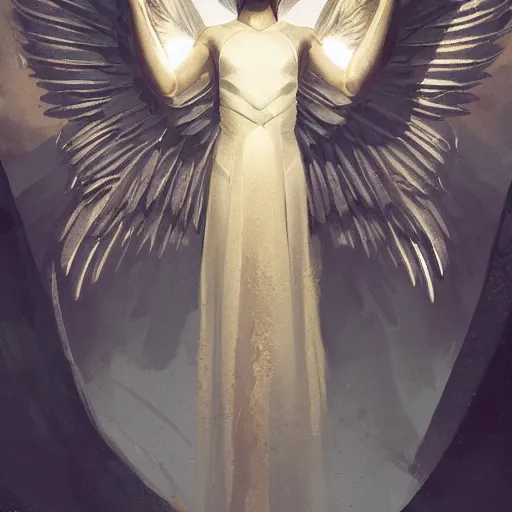 Prompt: Powerful archangel guarding a group of people while praying , Art Deco, Greg rutkowski Trending artstation