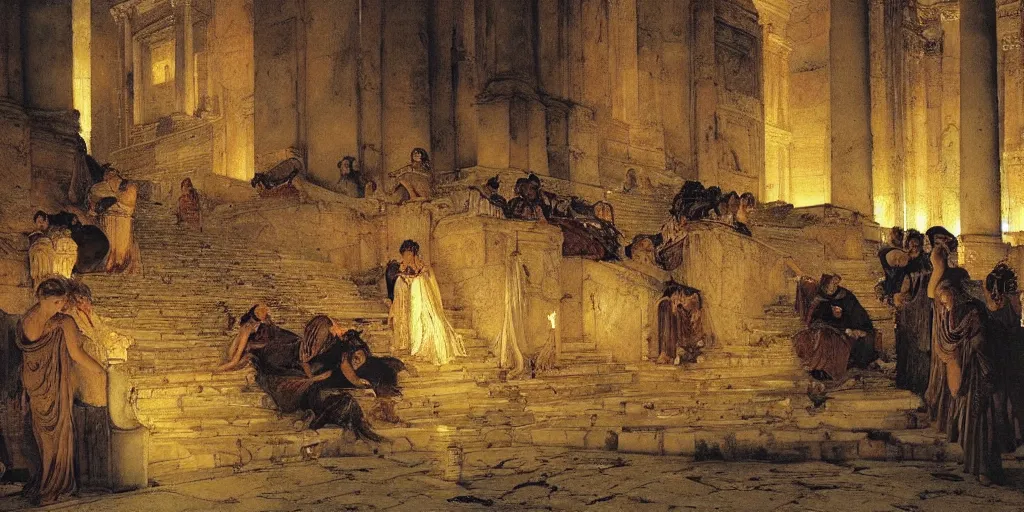 Prompt: ancient rome on fire at night by lawrence alma - tadema,