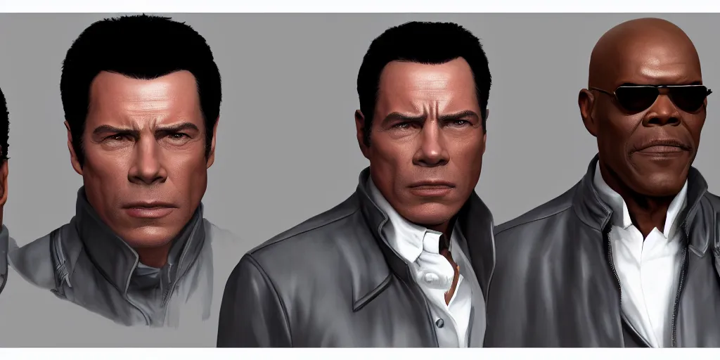 Image similar to highly detailed full - body samuel l jackson and john travolta, perfect symmetrical eyes, by eddie mendoza and tyler edlin, 8 k resolution