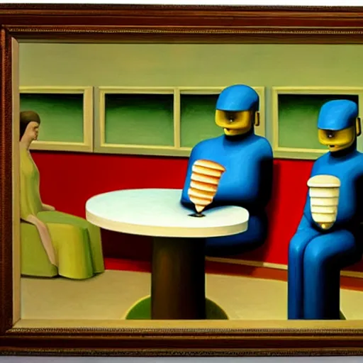 Image similar to robots made of ice cream, grant wood, pj crook, edward hopper, oil on canvas