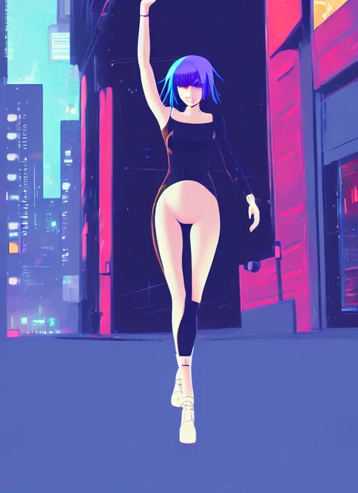 Image similar to digital illustration of cyberpunk pretty girl with blue hair, wearing a tight black dress, full body pose, in city street at night, by makoto shinkai, ilya kuvshinov, lois van baarle, rossdraws, basquiat