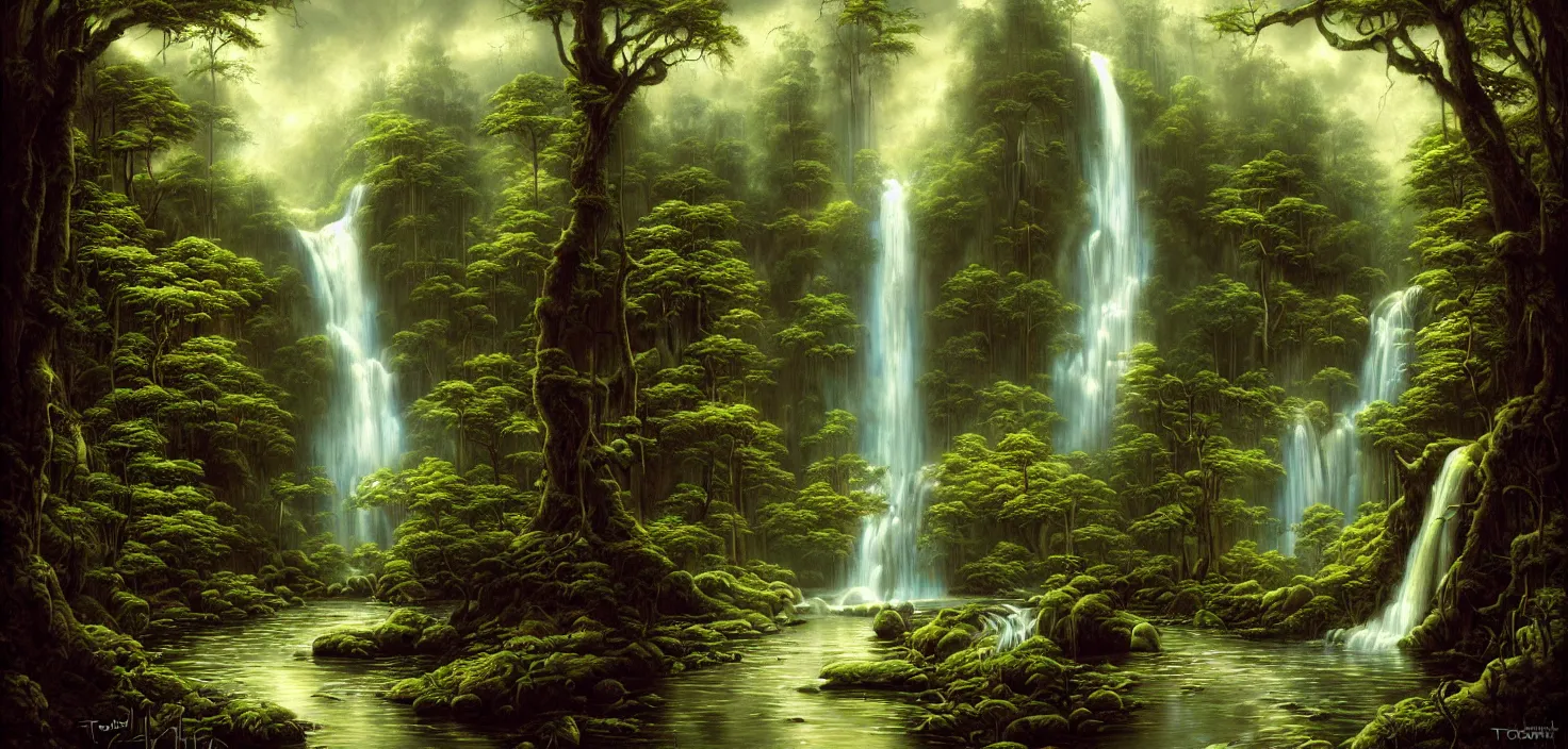 Image similar to a painting of a waterfall in a forest, a detailed matte painting by todd lockwood, deviantart, fantasy art, matte painting, matte drawing, airbrush art