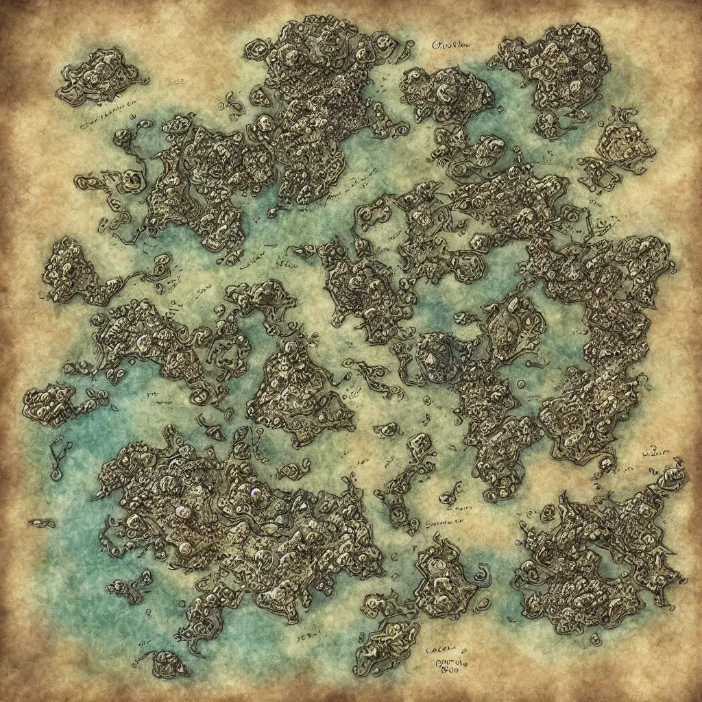 Image similar to detailed fantasy map, cartography, art by devon rue, swllsword maps, critical role, wotc, roll 2 0, dndbeyond, godsfall, fantasy, world, bright, sharp focus, smooth, sharpened