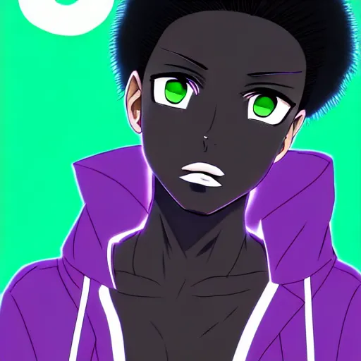 Prompt: anime poster film still portrait, young black woman, black black black woman, purple colored eyes, ( purple colored eyes!!!!!! ), white french bob hairstyle, green colored bomber jacket, detailed facial features, dynamic pose,, rimlight, cel shaded, 4 k