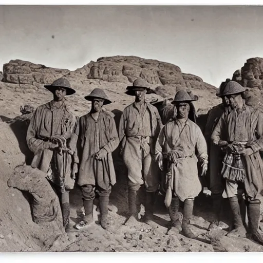 Image similar to ultra detailed photorealistic sepia - toned photo from 1 9 1 7, a small group of british soldiers standing with bedouin traders in traditional arab garb, at an archaeological dig site in wadi rum, ultra realistic, painted, intricate details, lovecraft, atmospheric, dark, horror, brooding, highly detailed, by clyde caldwell