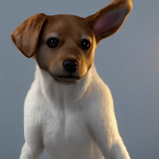 Prompt: crisp quality and light reflections, photorealistic portrait, studio lighting, still photo of a cute dog, bright studio setting, highly detailed, unreal engine 5 quality render