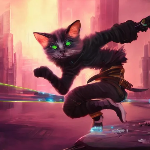 Image similar to cute and fluffy ninja cyberpunk cat fighting with a laser sword, full body, artstation, highly detailed, colorfull, digital painting, deep focus, sharp, smooth, rossdraws, by jason felix by steve argyle by tyler jacobson by peter mohrbacher, cinematic lighting, smooth, sharp focus, hd wallpaper, cinematic