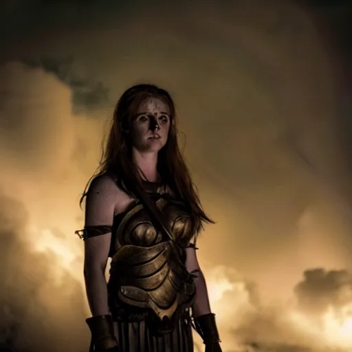 Prompt: bree williamson as the goddess of war. movie still. sinister atmospheric lighting. highly detailed, ground mist