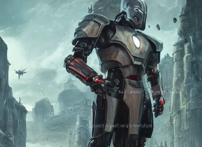 Image similar to medieval cyberpunk knight in a scenic cyberpunk environment, armor inspired by star wars and iron man, cybernetic implants, beautiful digital art, action pose, epic lighting, epic composition, sharp focus