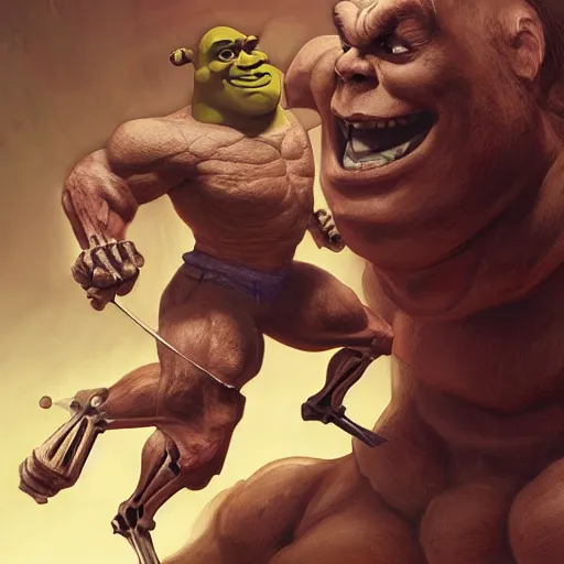 Image similar to strong and muscular skeleton fighting shrek in a battle, highly detailed, digital painting, artstation, concept art, smooth, sharp focus, illustration, art by artgerm and greg rutkowski and alphonse mucha