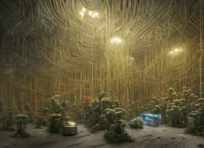 Image similar to rustic yet enormous SCP (Secure, Contain, Protect) agency interior with infinite rows of giant iridescent alien artifacts suspended in cylindrical containers made of gold and quartz by Simon Stalenhag, Zdiszlaw Beksinski, with vivid palette by James Gurney, overgrown with alien plants and flowers, inspired by Control the game, mysterious, eeriewave, hyperdetailed, dramatic camera angle with focus on infinity, octane render 8k, 4k, HDR, rtx on