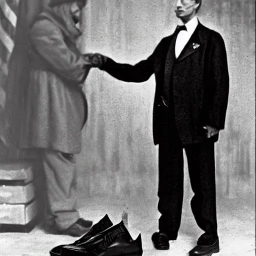 Prompt: sad Vladimir Putin dressed in rags, shining the shoes of Abraham Lincoln. 1940s, black and white