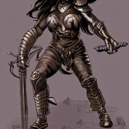 Image similar to a muscular bronze - skinned silver - eyed woman warrior with long black hair, in xena armor, in an arena on a hostile alien planet, highly detailed, mike mignola, trending on art station, illustration, comic book