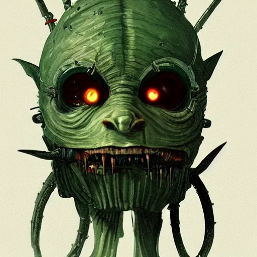 Image similar to minimalist cyborg goblin with maniacal expression and bulging eyes inside byzantine hong kong hoarder labaratory, portrait by by greg rutkowski and h. r. giger and stalenhag and deak ferrand, studio ghibli composition