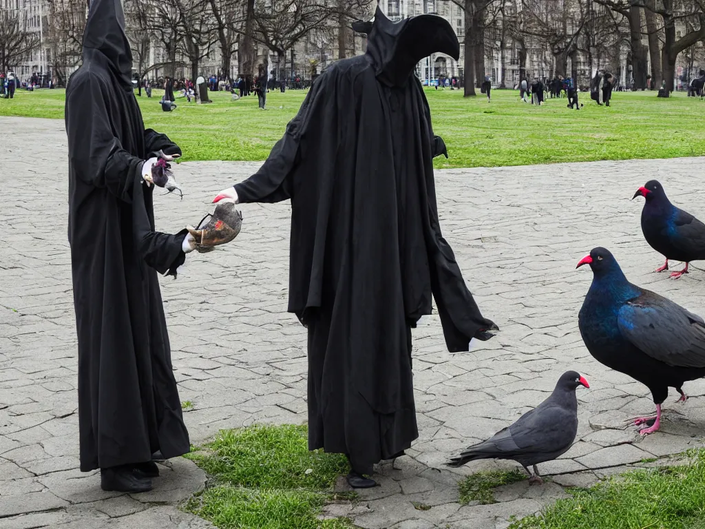 Prompt: plague doctor in the park feeding pigeons