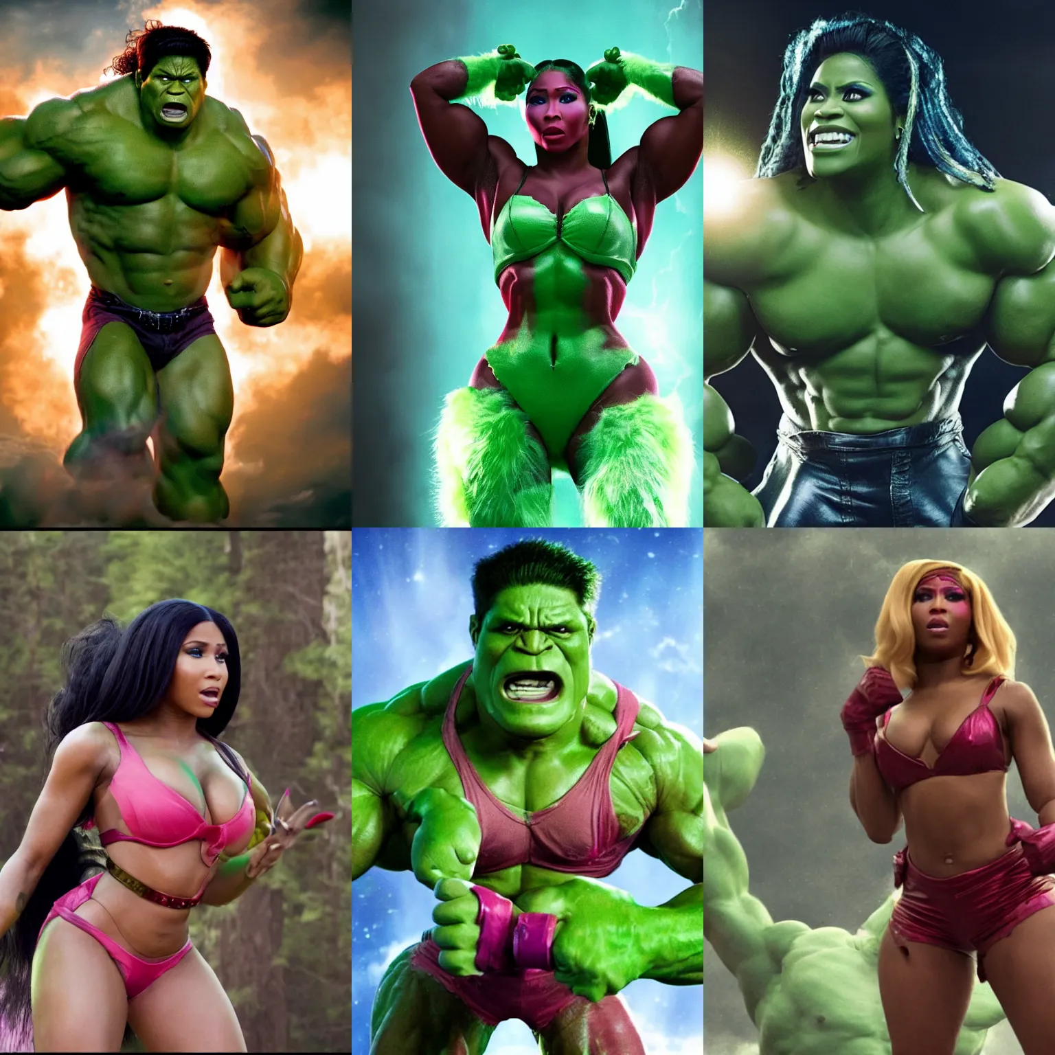 Prompt: movie still of Nicki minaj as The Hulk, 4k, high quality