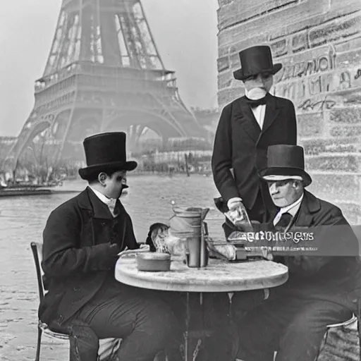 Image similar to paris at early 2 0 th century. two gentlemen with top hats are having a coffee around a table at river seine ´ s bank. the two gentlemen are watching a painter at the banks on river seine, where he is painting something on a canvas. the painter is ewan mcgregor