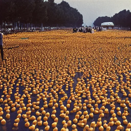 Prompt: a thousand burning rubber ducks, 1964 photo