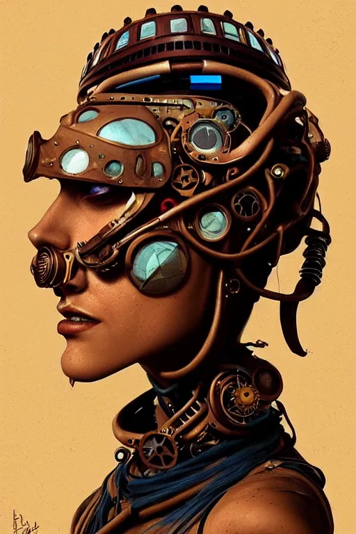 Image similar to sideview face portrait of a steampunk desert empress. by vincent di fate, james jean, dom qwek. inspired by igor goryunov andrei riabovitchev. madmax aesthetics. atmospherical, photorealistic retrofuturist concept art, trending on art station, cinematic, ultra detailed