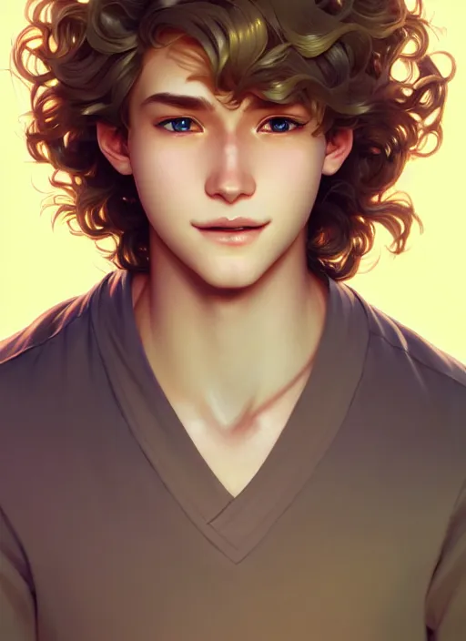 Image similar to young man with medium - length, curly, golden hair, perfectly proportioned face, aquamarine eyes, sweet smile, natural lighting, path traced, highly detailed, high quality, cartoon, digital painting, by new haicheng and ross tran and studio ghibli and alphonse mucha