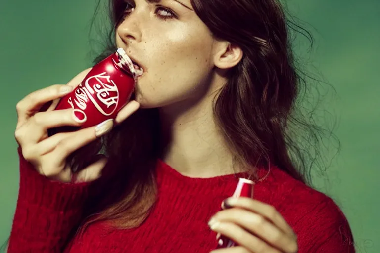 Prompt: beautiful fit summer fashion model woman drinking a Coca-Cola in natural light by Alessio albi