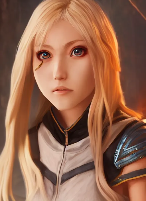 Image similar to An epic fantasy anime style portrait painting of a young blonde thief, unreal 5, DAZ, hyperrealistic, octane render, cosplay, RPG portrait, dynamic lighting