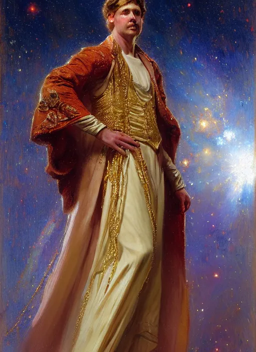 Prompt: billy hill, god of starlight, modest flowing gown, smug expression, highly detailed painting by gaston bussiere, craig mullins, j. c. leyendecker 8 k, sparkling nebula